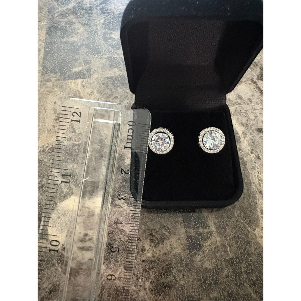 Silver Tone Round Halo Cubic Zirconia Stud Earrings Brilliant Cut Pave Border - Picture 13 of 14